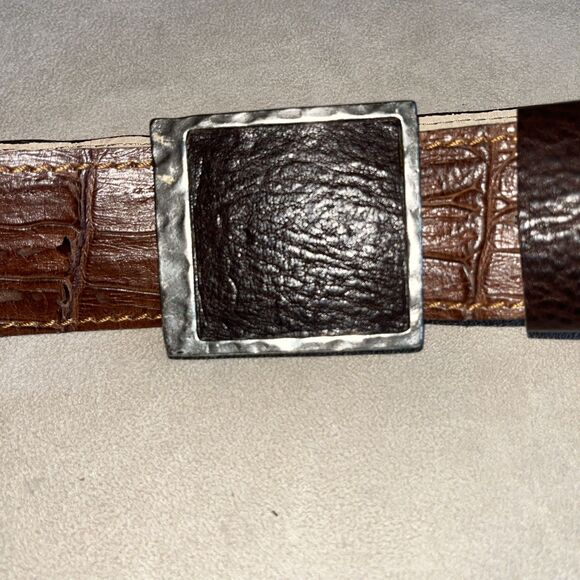 Vin Baker Vintage Crocodile Square Silver Buckle Brown Leather Belt Women Size M - Picture 1 of 16